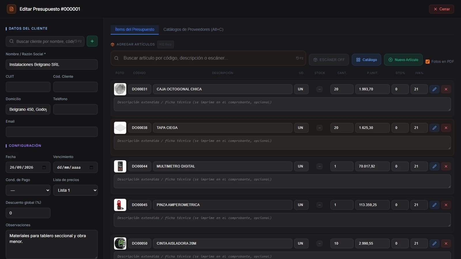 Un presupuesto de VektraSoft con sus artículos y la foto de cada uno