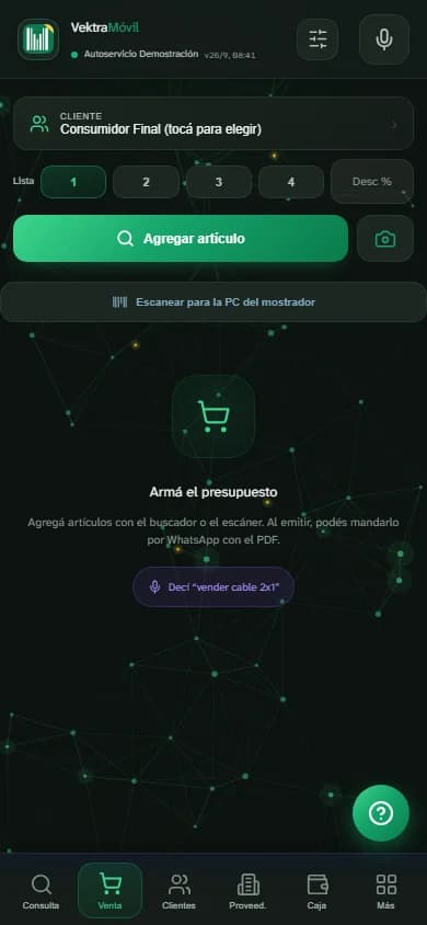 Armado de un presupuesto desde el celular en Vektra Market