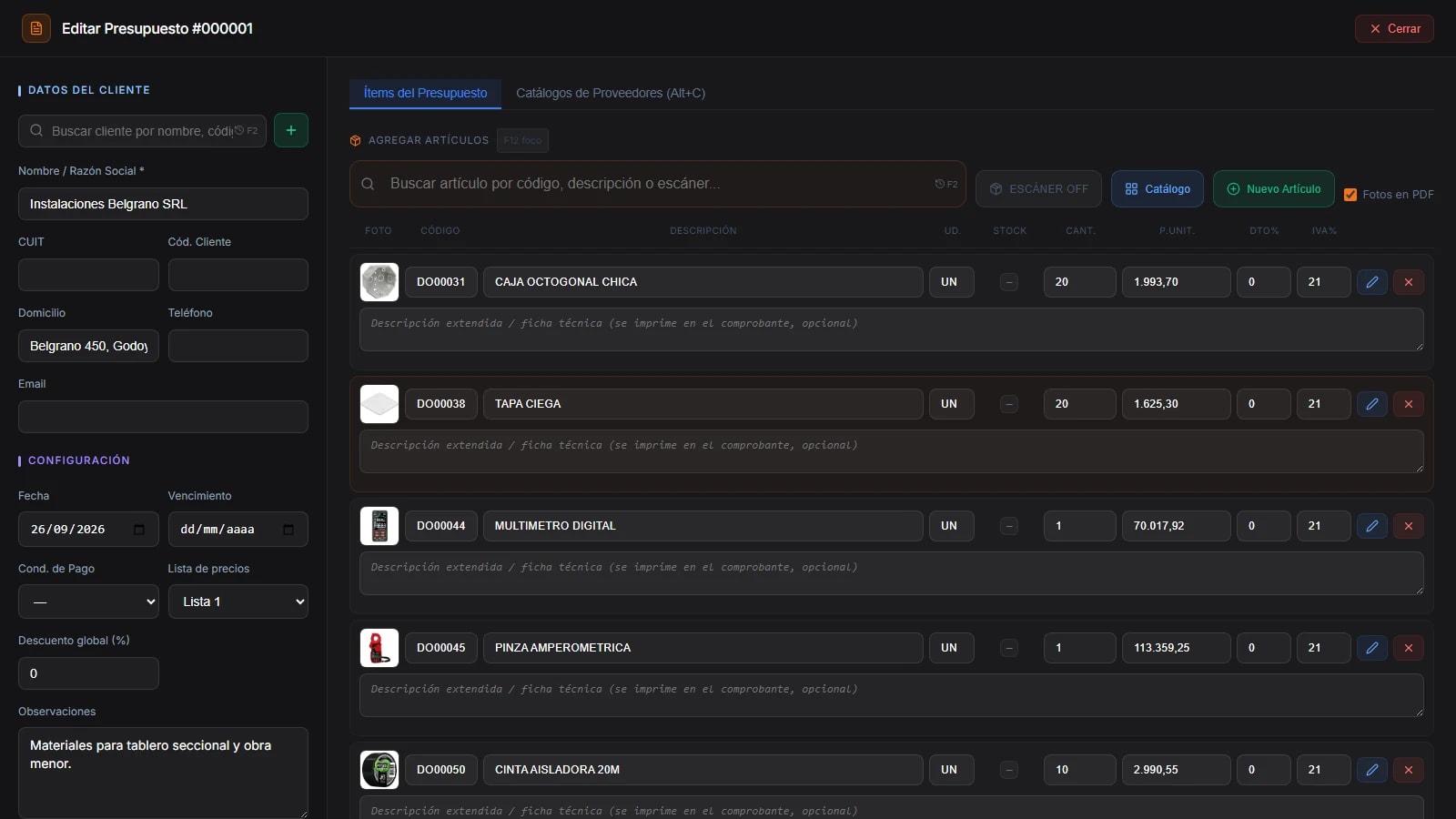 Un presupuesto de VektraSoft con sus artículos y la foto de cada uno