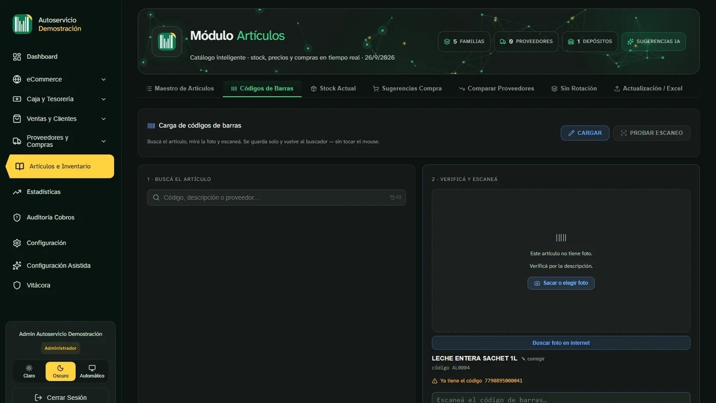 Carga de códigos de barras verificando con la foto del artículo