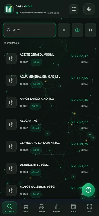 Consulta de precio y stock del almacén en VektraMóvil