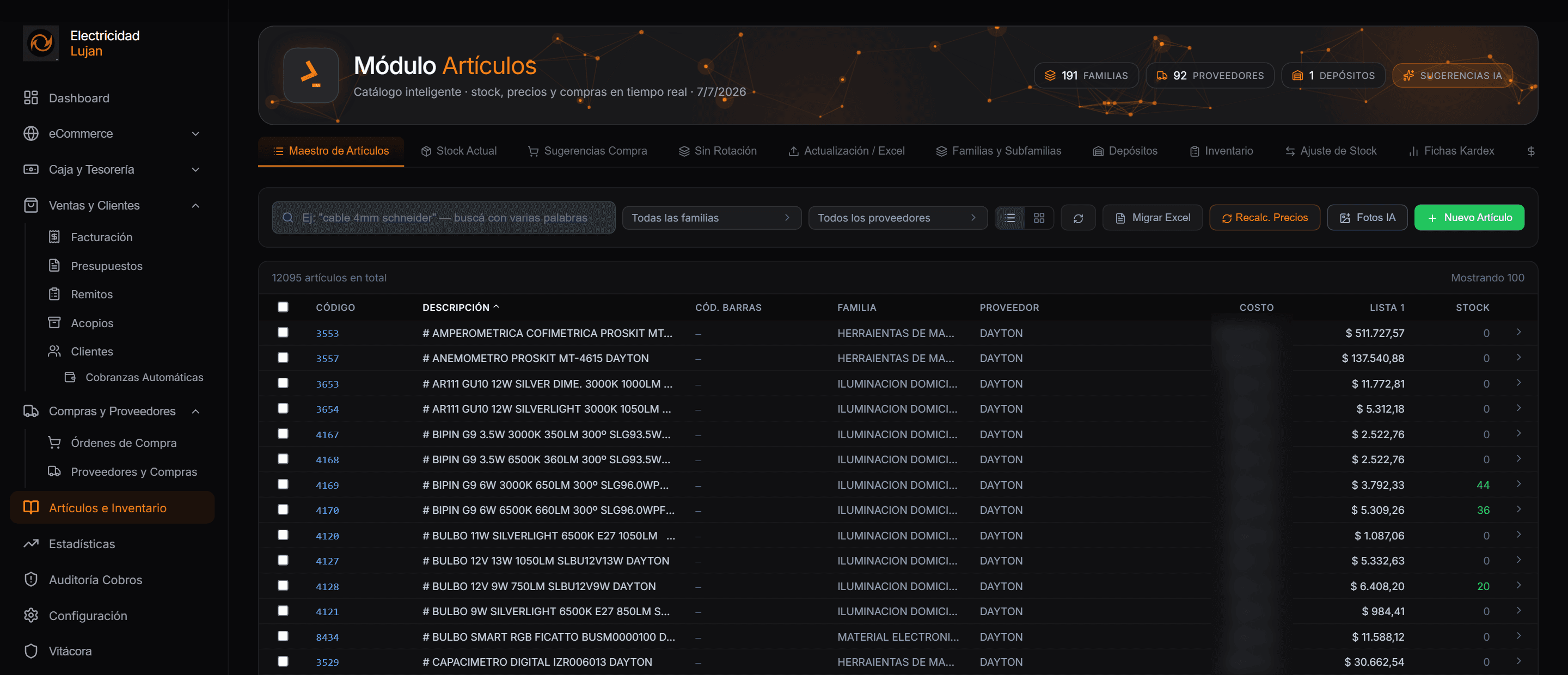 Módulo Artículos de VektraSoft — captura real del sistema